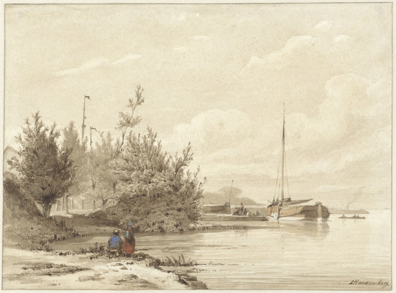 Nehir kıyısında demirlemiş teknelerle manzara by Lambertus  Hardenberg