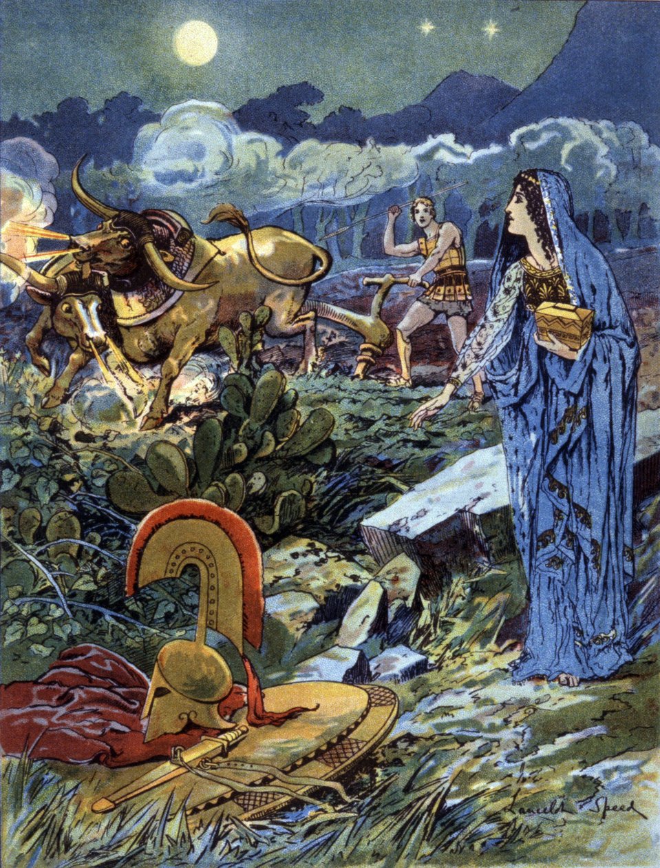 Jason, Medea'nın Mars'ın tarlalarını sürmesine yardım etti, c. 1900 (çizim) by Lancelot Speed