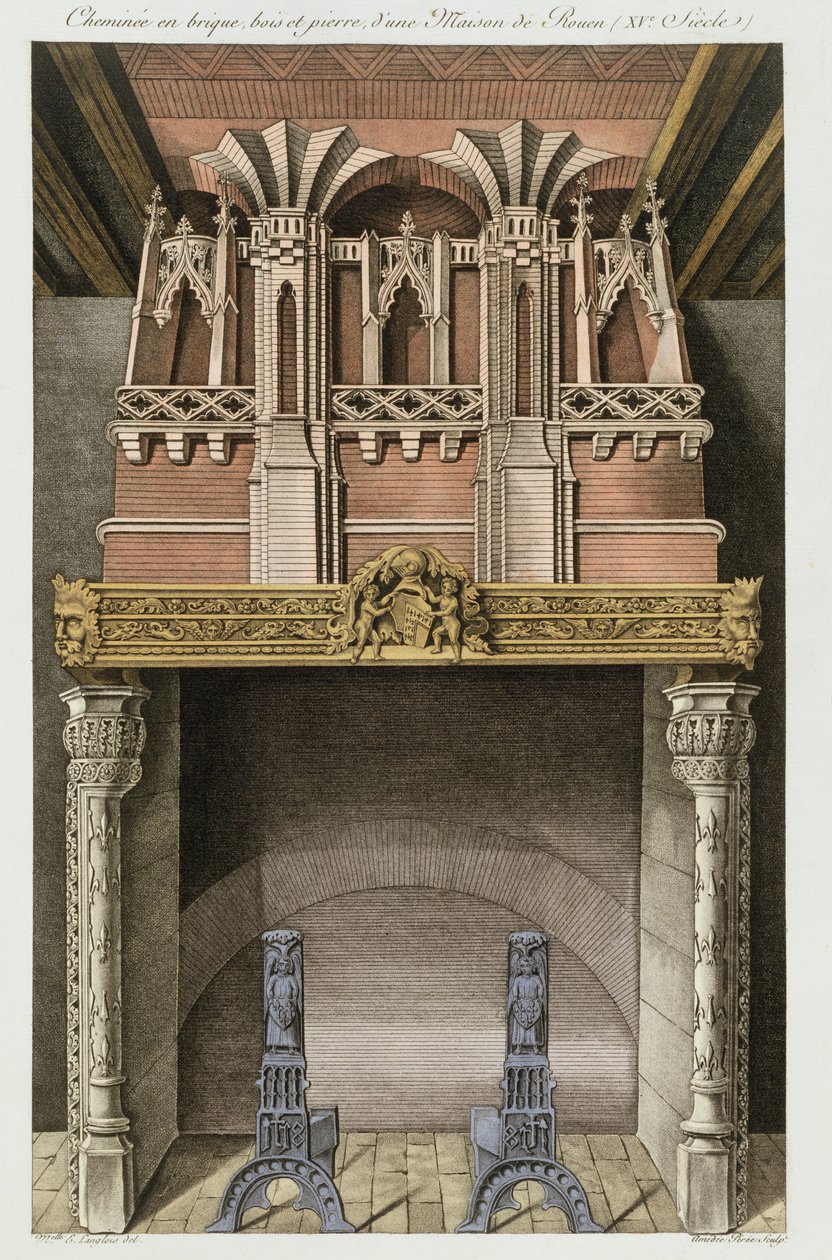 Chimney from a 15th century house in Rouen, from Monuments Francais, lithograph by Amedee Peree, 1839  by Langlois E.