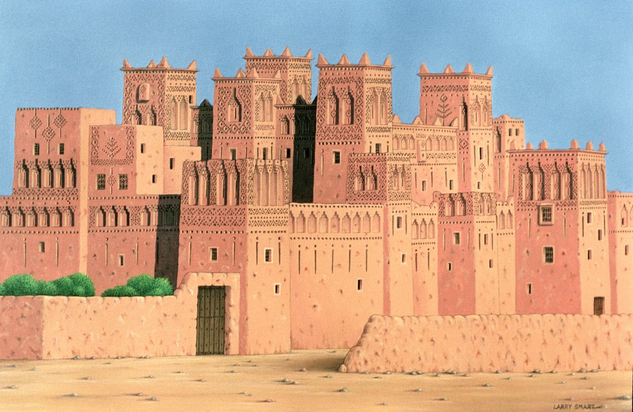 Kasbah, Güney Fas, 1998 (keten üzerine akrilik) by Larry Smart