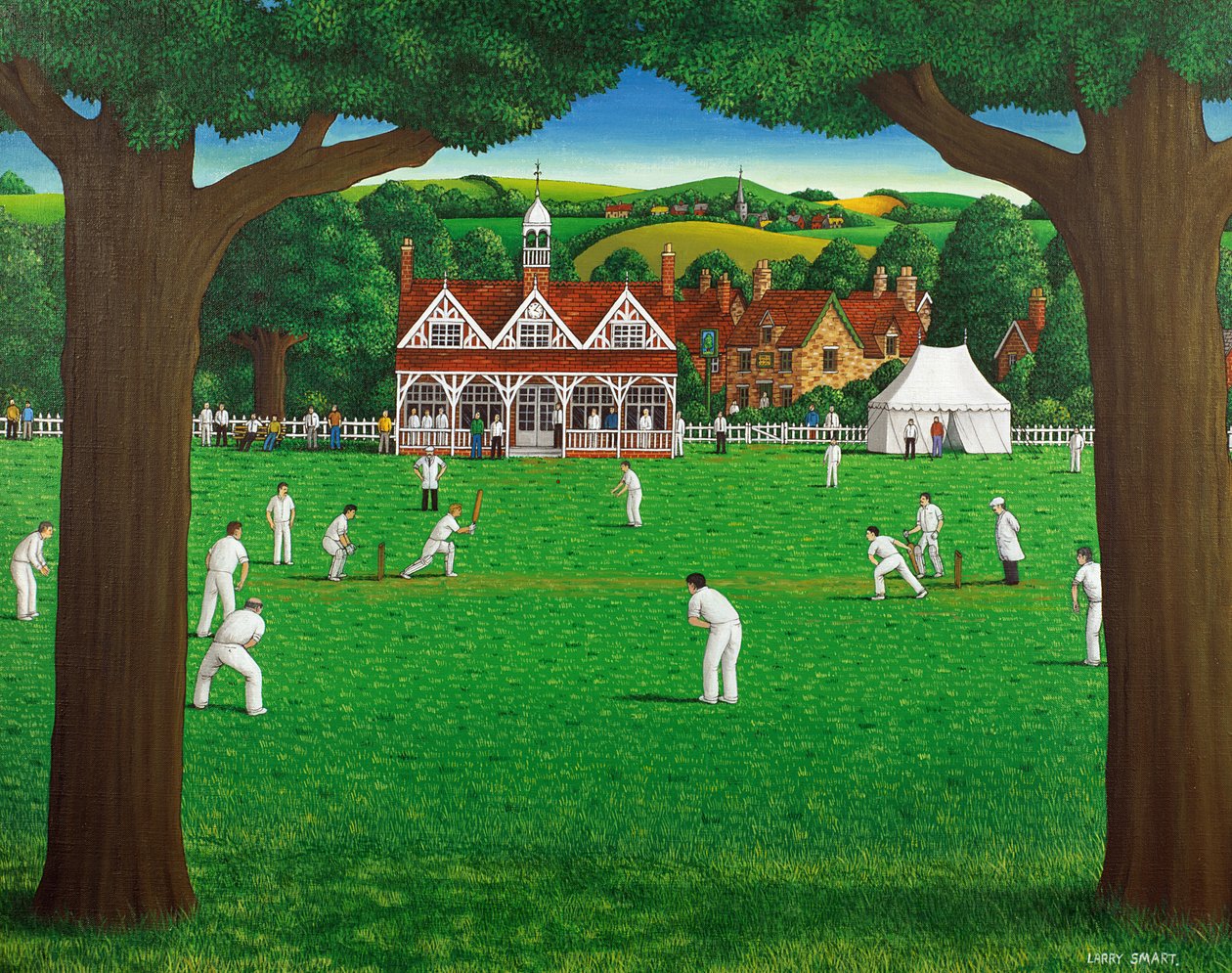 The Cricket Match, 1987 (keten üzerine akrilik) by Larry Smart
