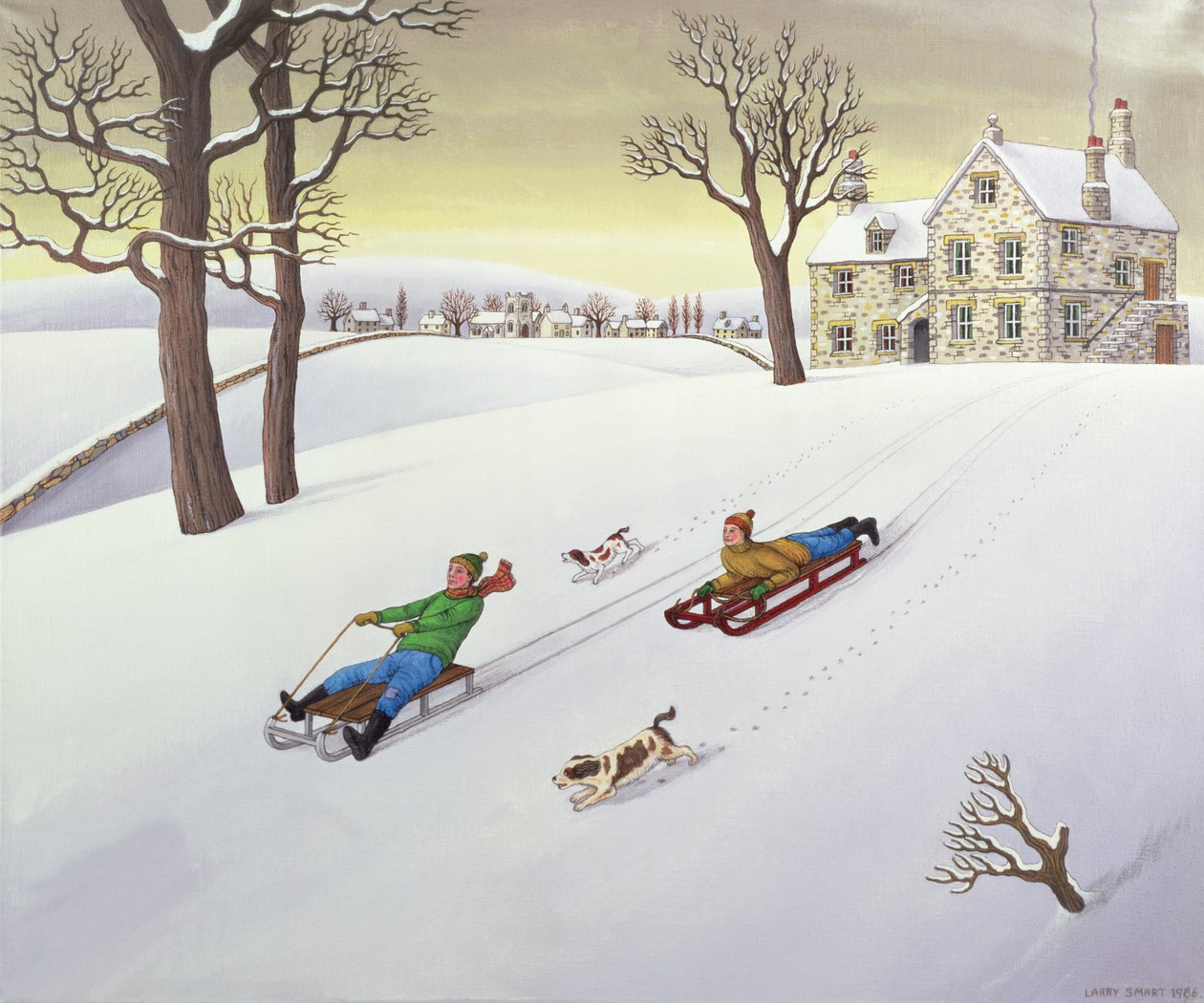 Tobogganing, 1986 (keten üzerine akrilik) by Larry Smart