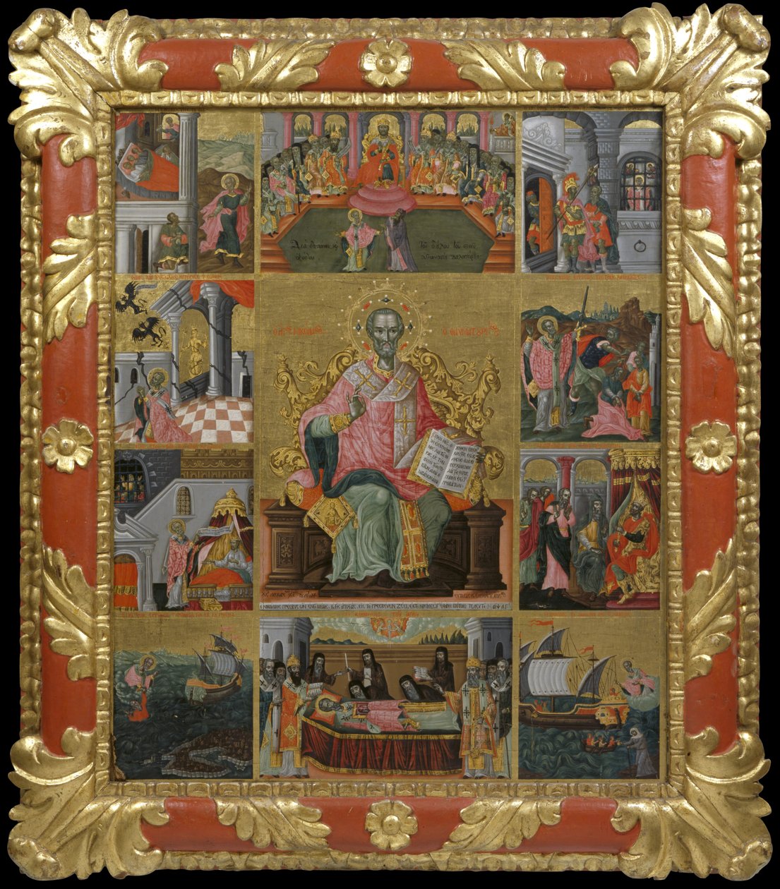 Hayatı ve mucizelerinden sahneler ile Aziz Nikolaos İkonu, 1733 (panelde yumurta tavuğu ve altın varak) by Laskaris Leichoudis