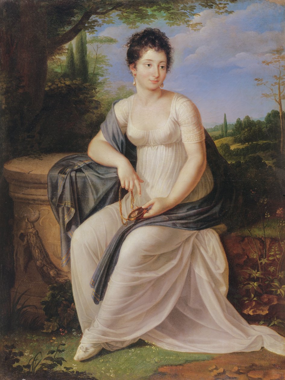 Madame de Saint-Amand in a costume of the Directoire period, 1795-99  by Laurent Blanchard