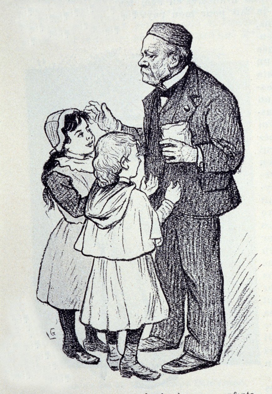 Louis Pasteur (1822-1895), Fransız kimyager ve fizikçinin Enstitünün çocuklarına tatlılar veren portresi. Lucien Laurent-Gsell (Laurent Gsell) (1860-1944) tarafından eskiz. doktor by Laurent Lucien Gsell