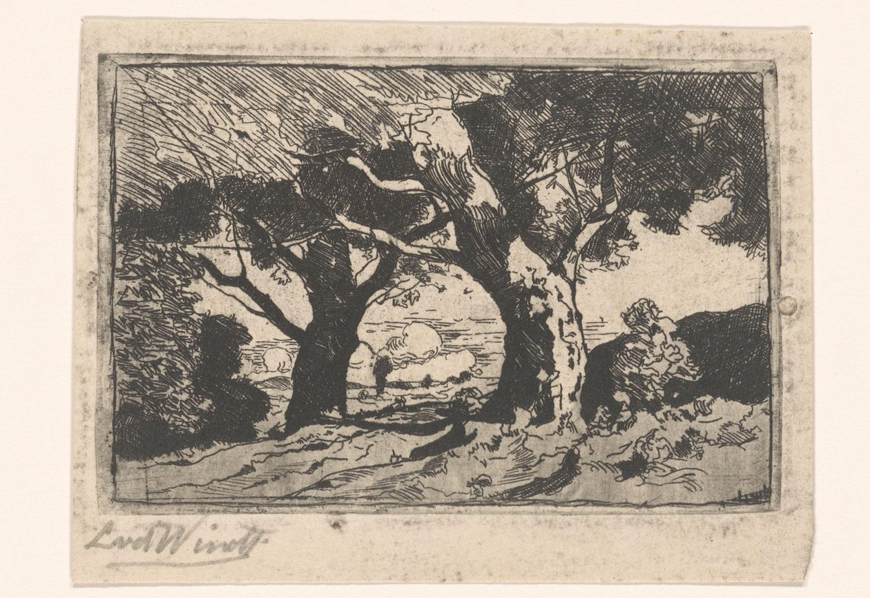 İki büyük ağaç ile manzara by Laurent van der Windt (signed by artist)