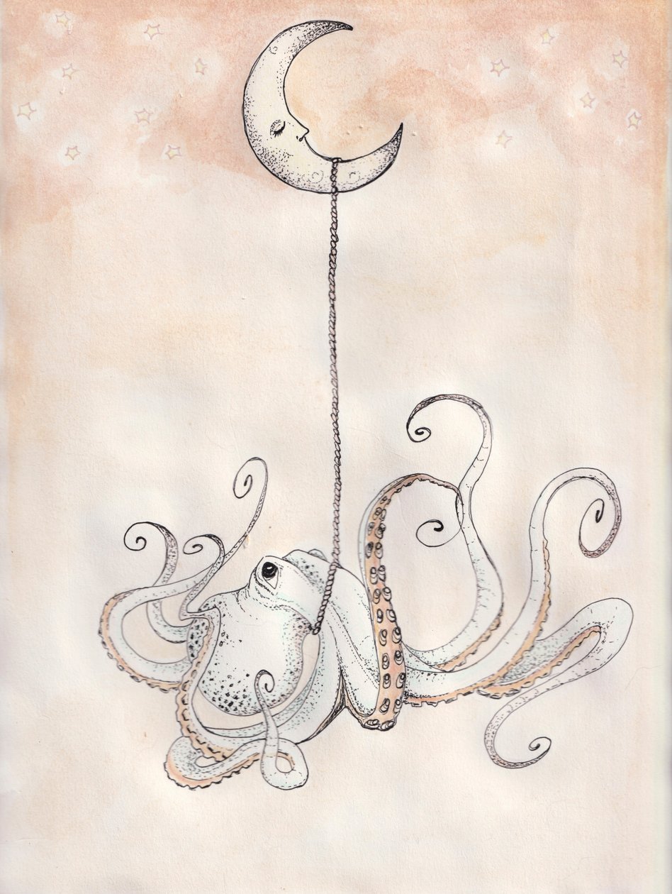 İyi Geceler Ahtapot, 2025 (suluboya kağıdı üzerine suluboya ve mürekkep) by Laurie Michaels