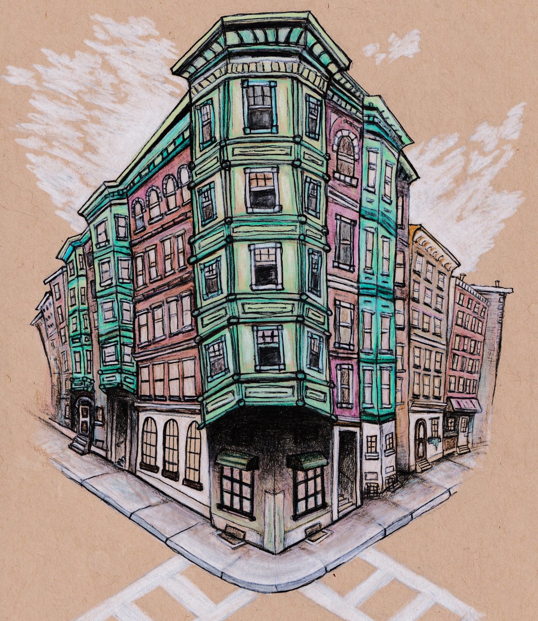North End, c.2019 (taba rengi sanat kağıdı üzerine renkli kalem ve mürekkep) by Laurie Michaels