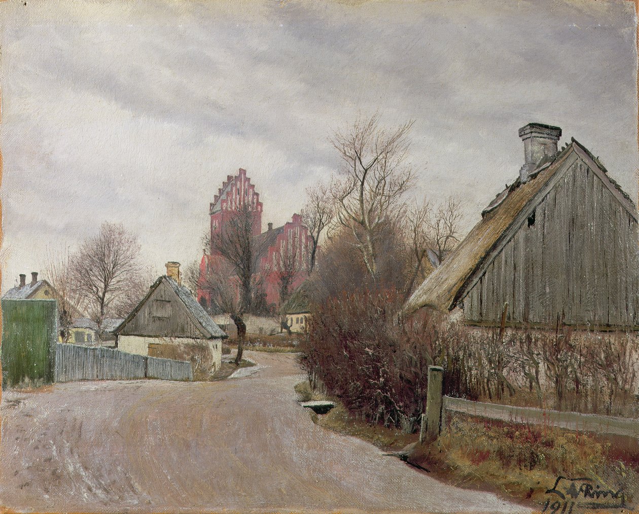 Gade i Hoje Taastrup (kulübelerin ve uzun bir kilisenin bulunduğu kırsal yol) 1911 by Laurits Andersen Ring