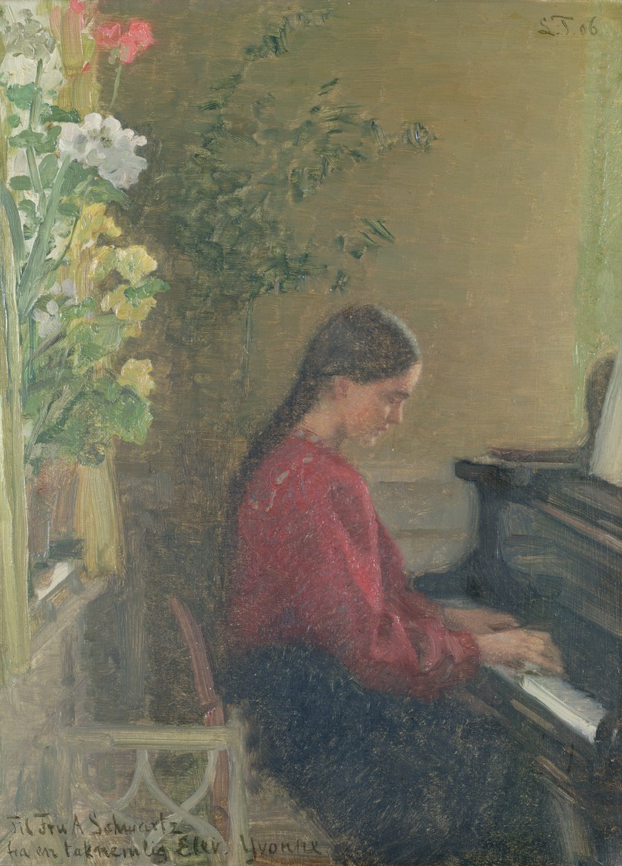 Sanatçının Piyano Çalan Kızı Yvonne, 1905 dolayları (tuval üzerine yağlı boya) by Laurits Regner Tuxen