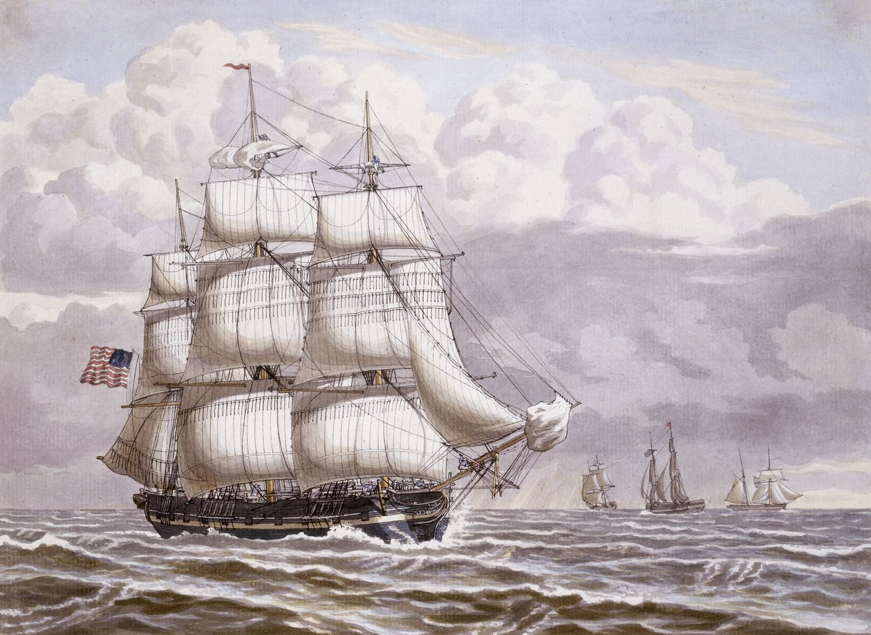 Yelken Altında Bir Amerikan Fırkateyni, diğer nakliye ile, 1832 by Lauritz Rasmus Lyngbye