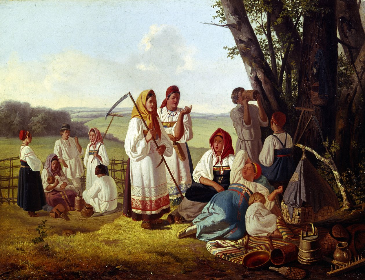 Hasat Zamanında Dinlenin. Geleneksel giyimli bir grup köylü, ağaçların gölgesinde çocuklarıyla birlikte yemek yer ve susuzluklarını giderirler. Lavr Kuzmich Plakhov (1810-1881), tuval üzerine yağlı boya, yaklaşık 1840. Rus sanatı by Lavr Kuzmich Plakhov