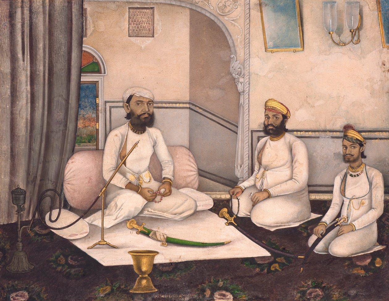 Kabraji Mukandra Karanji Sahab ve Bhao Raj Cha ile Thakur Sahab Samadr Karanji, c.1875 (kağıt üzerinde opak wc ve altın) by Laxmi Narayan