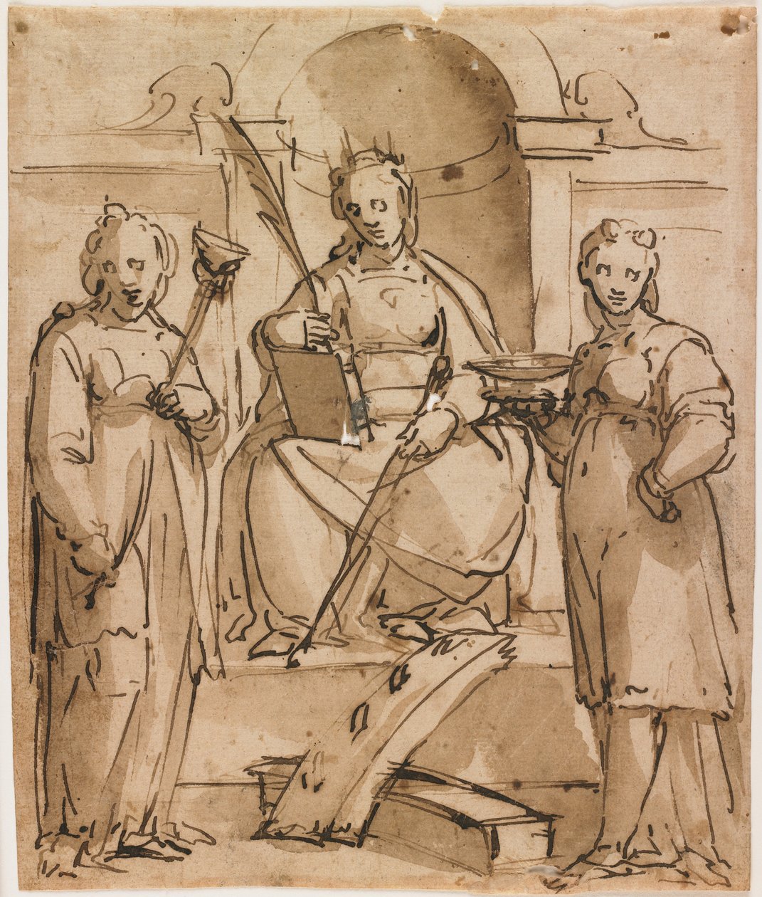 Aziz Catherine, Aziz Lucy ve Aziz Agatha ile Enthroned (kalem ve kahverengi mürekkep ve yıkama) by Lazzaro Tavarone