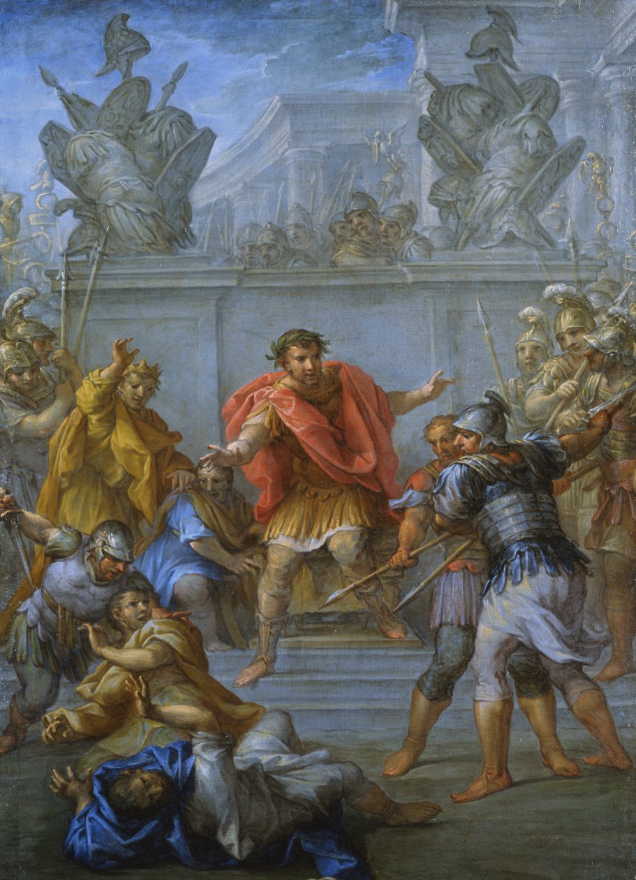 İmparator Claudius saldırganlarının öldürülmesini engelliyor (tuval üzerine yağlı boya) by Lazzaro Baldi