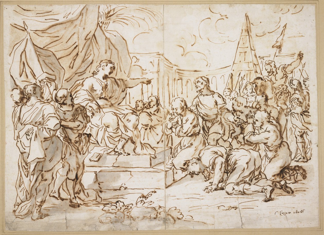 Joseph and His Brethren, Genesis 41 (kağıt üzerinde siyah tebeşir üzerine kalem, kahverengi mürekkep ve mavi gri yıkama) by Lazzaro Baldi