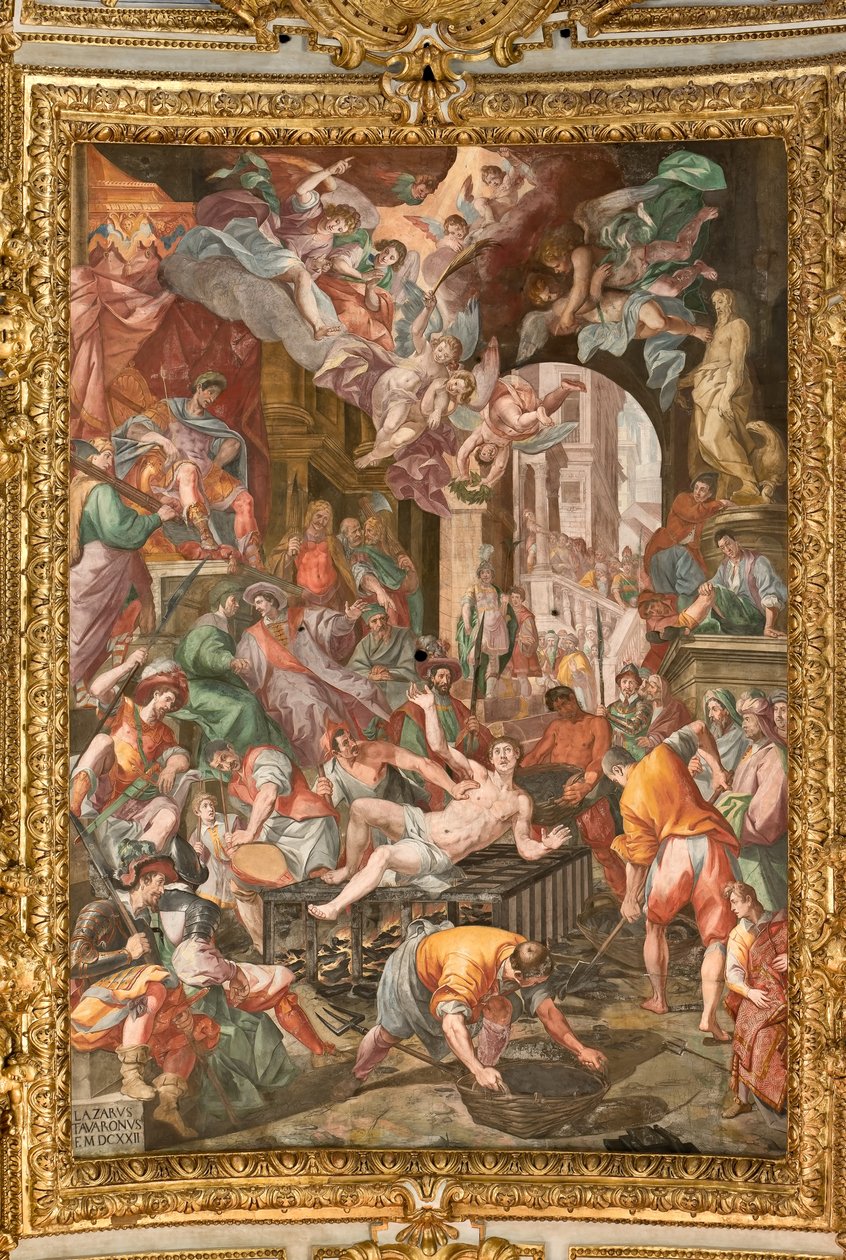Cenova, Duomo (Aziz Lawrence Katedrali), içeride, papaz evi kasası: "Aziz Lawrence Şehitliği" by Lazzaro Tavarone
