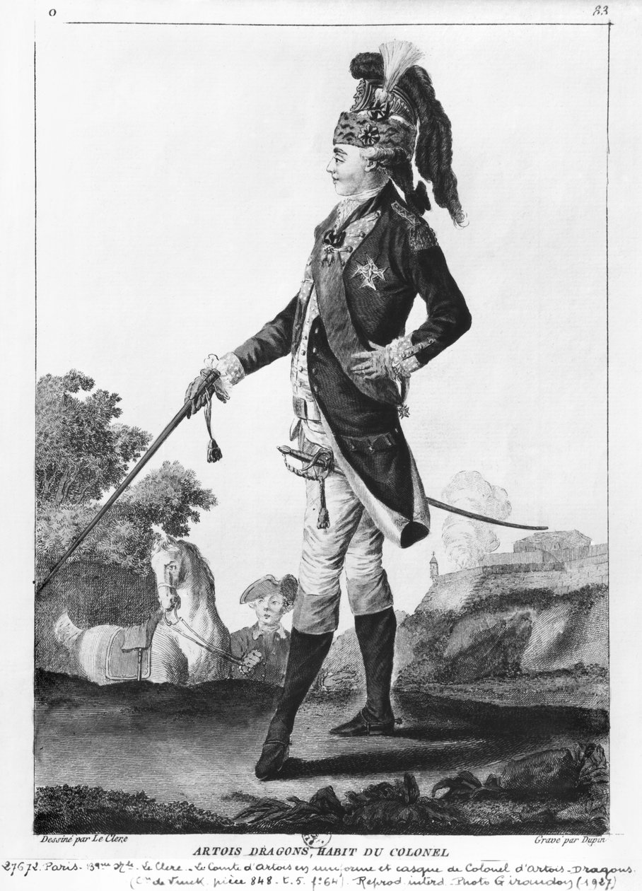Fransa Charles (1757-1836) Artois Kontu, Dupin tarafından oyulmuş Artois-Dragons alayının albayın casq ve üniforma giyen by Le Clere