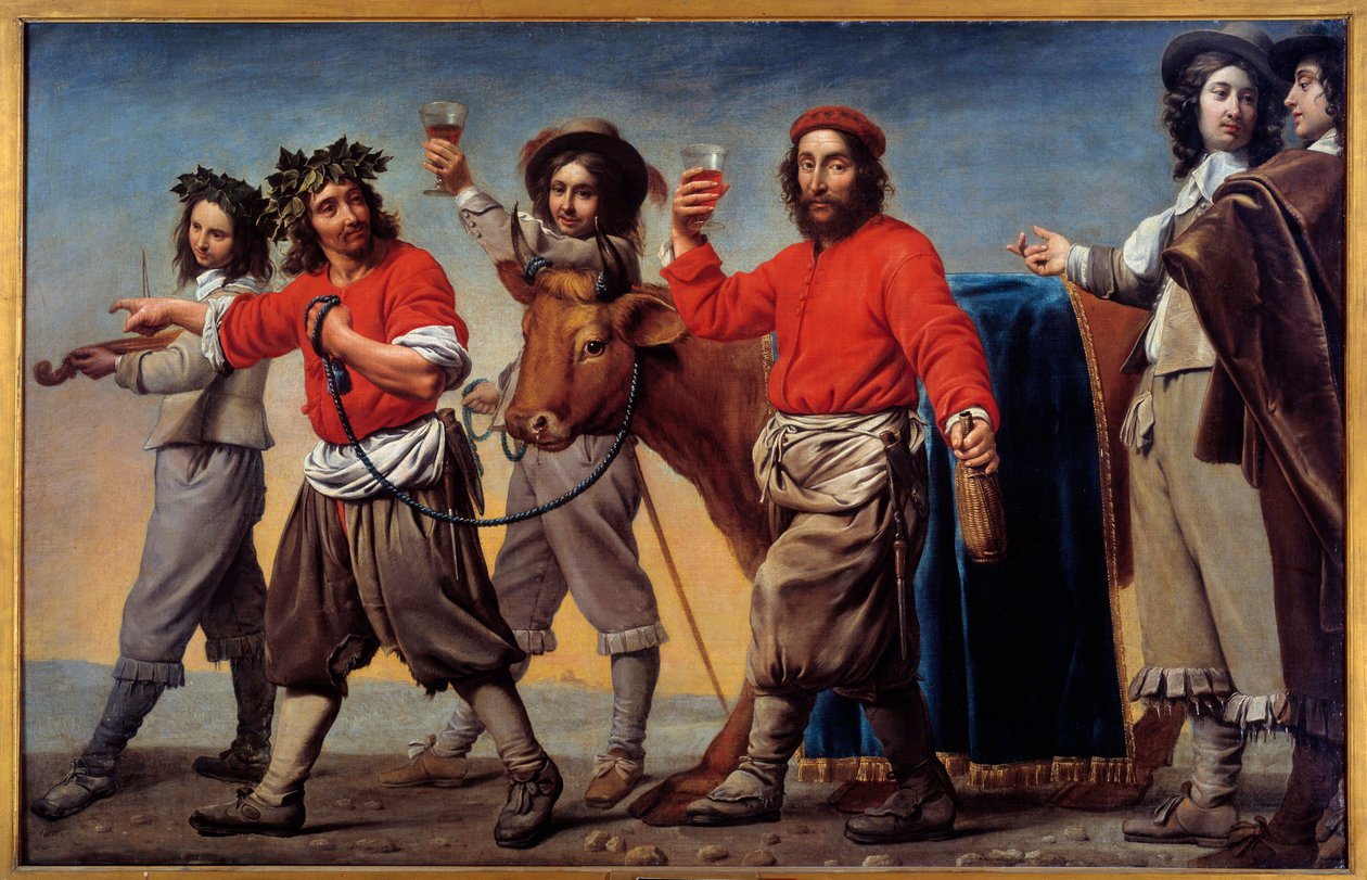 Yağlı sığır eti alayı da şarap festivali diyor. Master Du Cortege Du Belier tarafından yapılan boyama by Le Nain Brothers