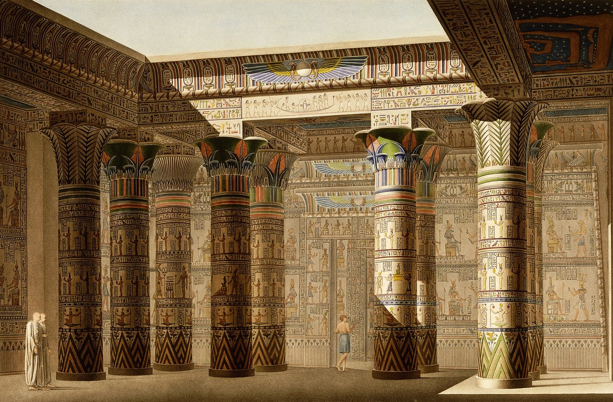 Büyük Philae Tapınağı portikosu, Nubia, c.1809-1812 (renkli gravür) by Le Pere (after)