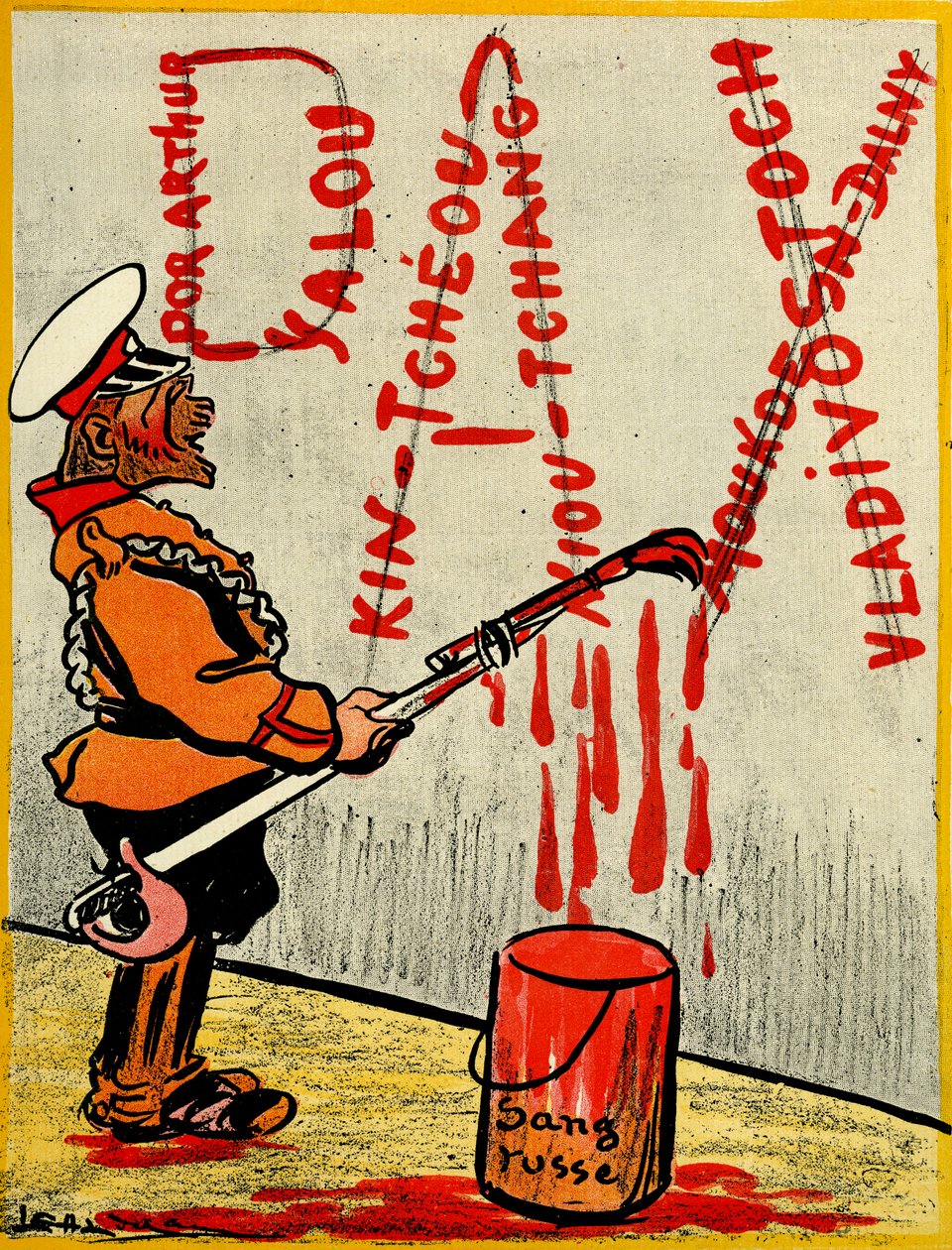 Rus Çarı, Rus Kanını kullanarak kaybedilen savaşların isimlerinden oluşan Pax veya barış kelimesini boyadı. 1904 (lito) by Leal de Camara