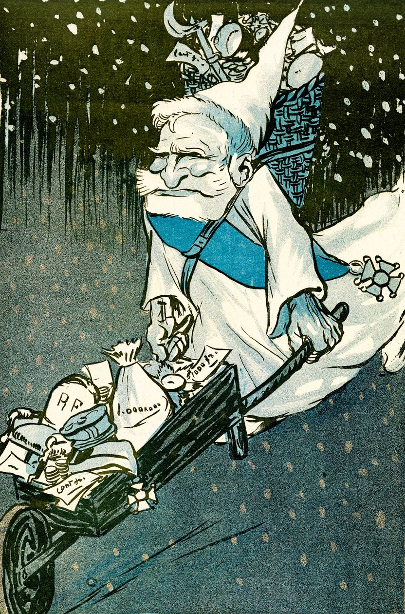 Büyük çocuklar için Noel - Fransa Cumhurbaşkanı Emile Loubet, yetişkinler için bir el arabasıyla Noel Baba gibi giyinmiş. 1905. (lito) by Leal de Camara
