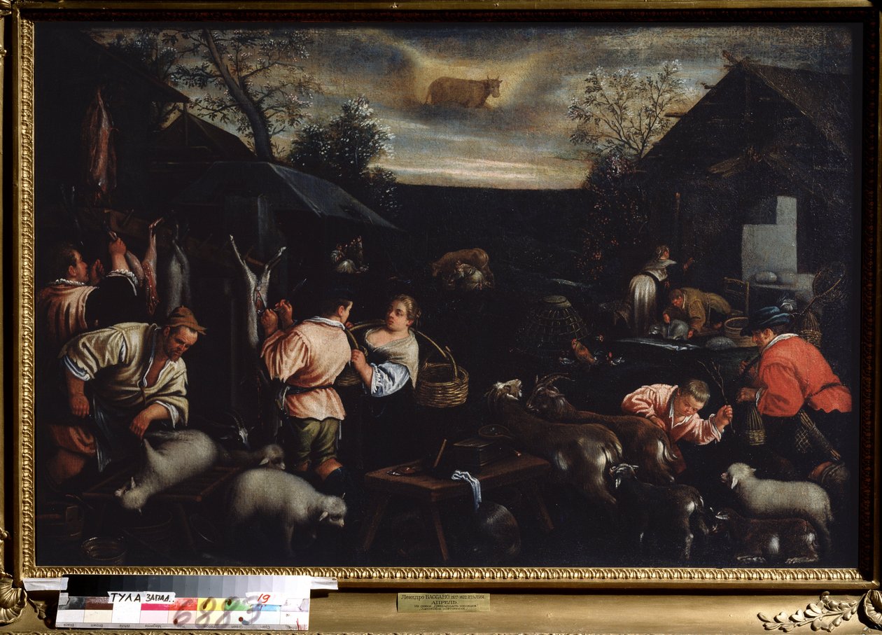 "Nisan Ayı" (Nisan) Koyun Kırkımı. Gökyüzünde Boğa işareti sembolü. Boyama Leandro Bassano da Ponte (1557-1622) 1595-1600 Dim 144x190 cm Devlet Sanat Müzesi Tula Rusya by Leandro da Ponte Bassano