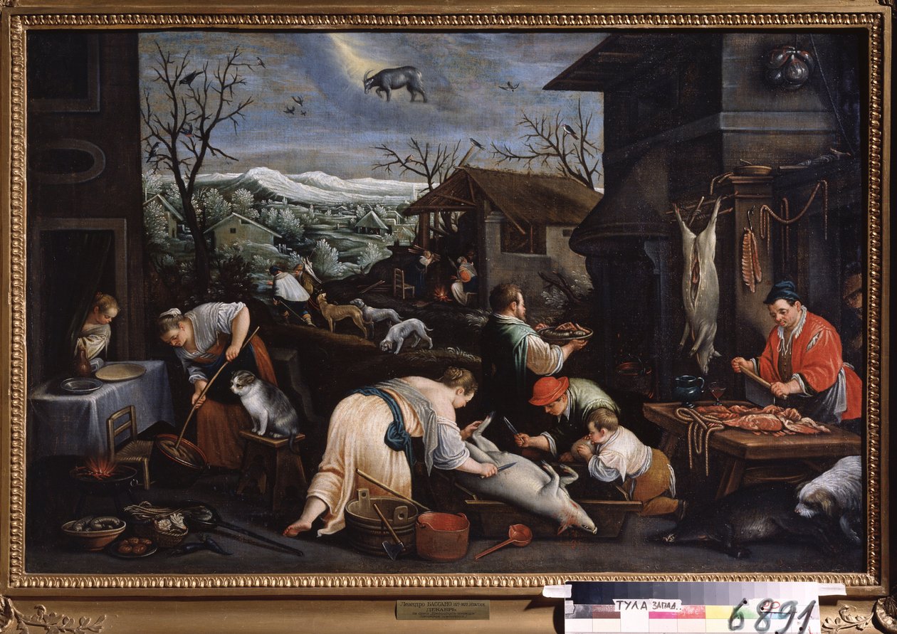 ""Aralık ayı"" (Aralık) Domuzlar kesilir. Gökyüzünde Oğlak işareti sembolü. Tablo Leandro Bassano da Ponte (1557-1622) 1595-1600 Devlet Sanat Müzesi Tula Rusya by Leandro da Ponte Bassano
