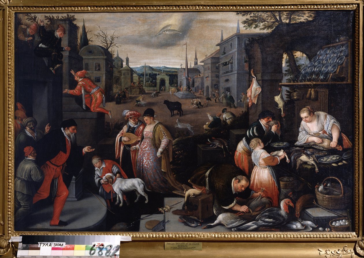""Le mois de fevrier"" (Şubat) Karnaval zamanında yürüyüş sahnesi. Gökyüzünde Balık işareti sembolü. Boyama Leandro Bassano da Ponte (1557-1622) 1595-1600 Dim 144x190 cm Devlet Sanat Müzesi Tula Rusya by Leandro da Ponte Bassano