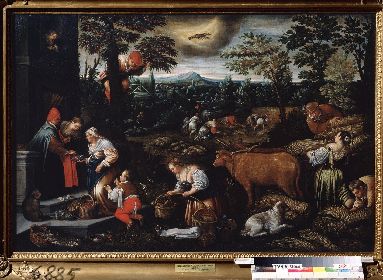 ""Haziran ayı"" (Haziran) Çiftliğin çalışmaları, kiraz toplama ve buğday toplama. Gökyüzünde kanser işareti sembolü. Resim Leandro Bassano da Ponte (1557-1622) 1595-1600 Devlet Sanat Müzesi Tula Rusya by Leandro da Ponte Bassano