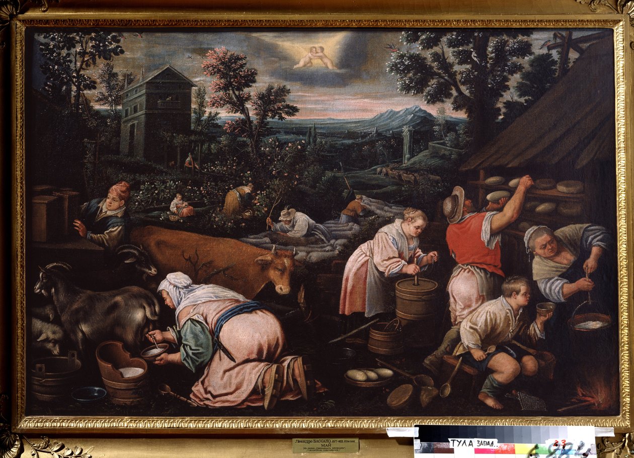 "Mayıs ayı" (Mayıs) Keçi sağmak, peynir yapmak. Gökyüzünde İkizler işareti sembolü. Resim Leandro Bassano da Ponte (1557-1622) 1595-1600 Devlet Sanat Müzesi Tula Rusya by Leandro da Ponte Bassano