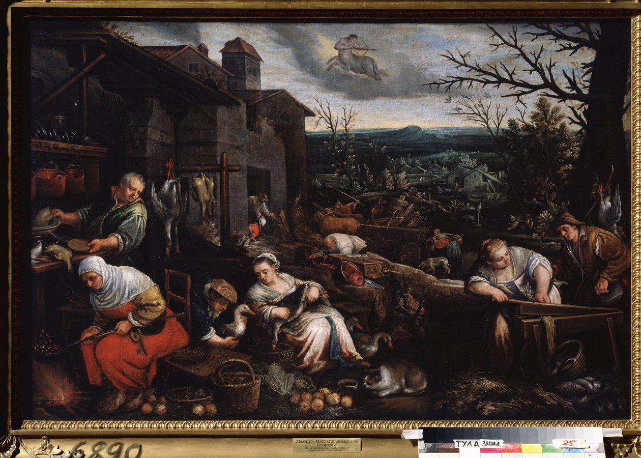 ""Kasım ayı" (Kasım) Bir kadın kestane kavurur, diğeri kazları hazırlar. Gökyüzünde yay burcunun sembolü. Tablo Leandro Bassano da Ponte (1557-1622) 1595-1600 Devlet Sanat Müzesi Tula Rusya by Leandro da Ponte Bassano