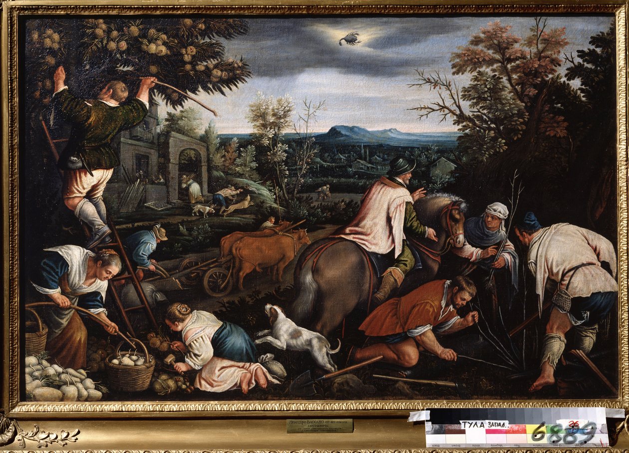 ""Ekim ayı"" (Ekim) Tarlalarda çalışın. Çiftçiler ağaç diker. Gökyüzündeki akrep burcunun sembolü. Resim Leandro Bassano da Ponte (1557-1622) 1595-1600 Devlet Sanat Müzesi Tula Rusya by Leandro da Ponte Bassano