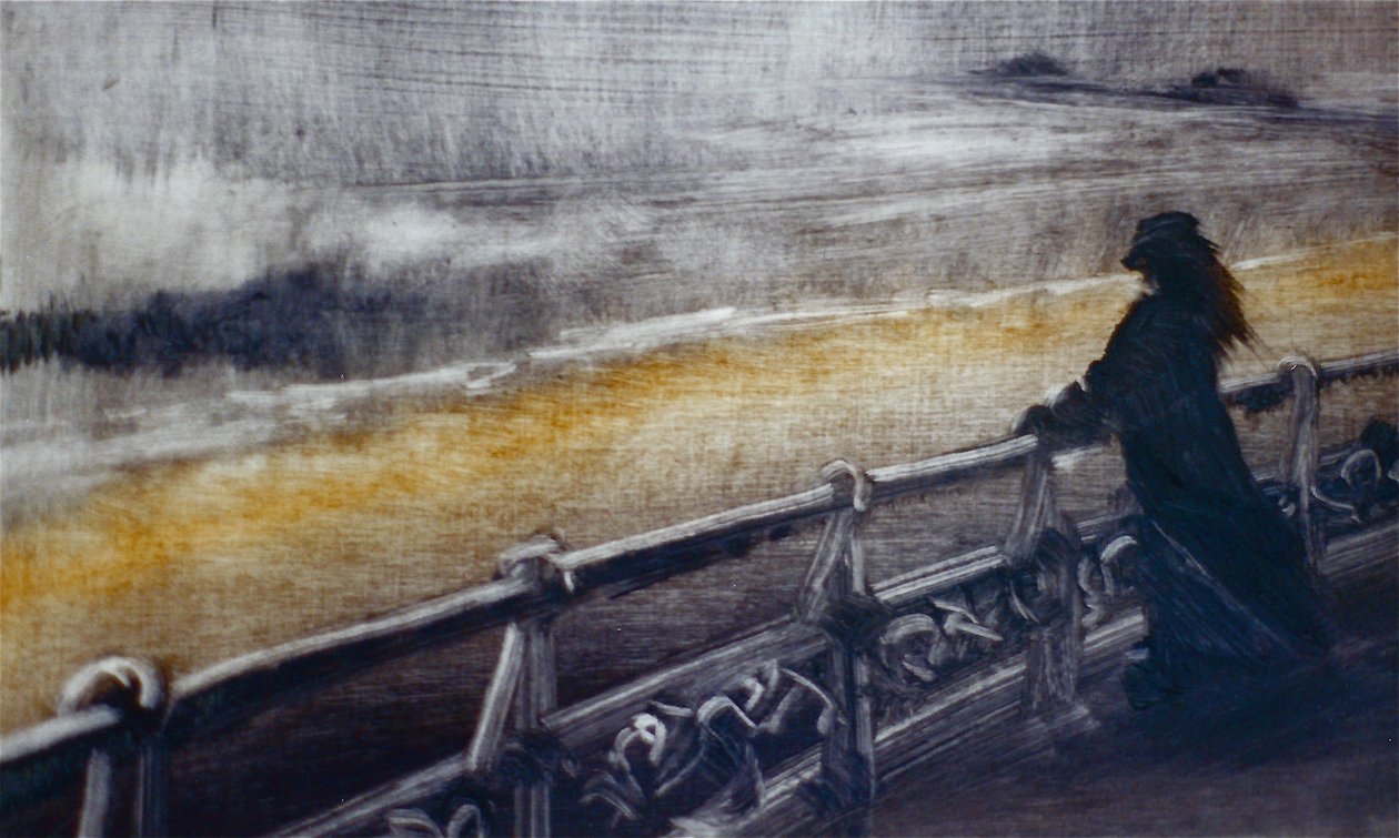 Cesaret, 2001 (kağıt üzerine yağlı boya) Deniz kıyısı rüzgarlı, şekil by Lee Campbell