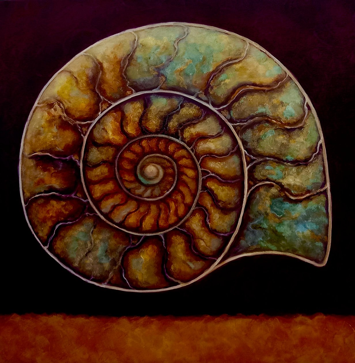 Ammonite Altın ve Bordo, 2021 (tuval üzerine yağlı boya) by Lee Campbell