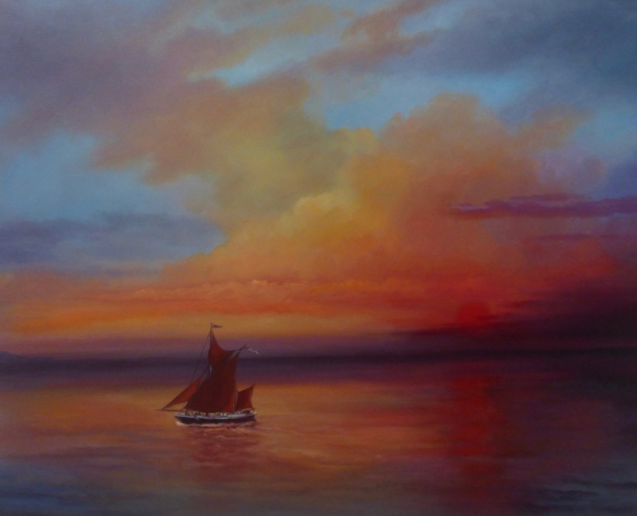 Red Sails - Thames Barge tam yelkenle, 2022 (tuval üzerine yağlı boya) by Lee Campbell