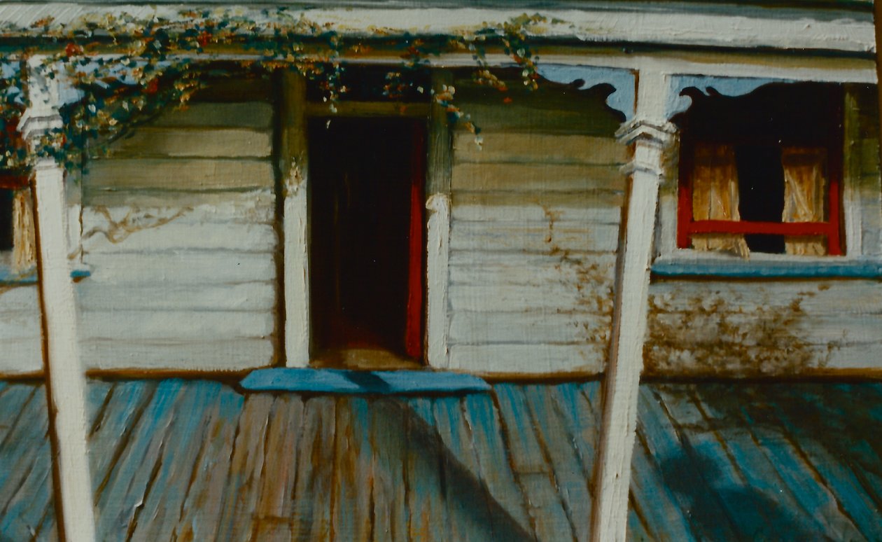 Verandah NZ 2002 (panelde yağ) Güneşli sundurma by Lee Campbell