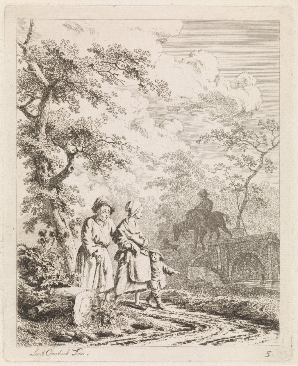 Yaşlı adam, kadın ve çocuk bir orman yolunda Figürlü manzaralar (dizi başlığı) by Leendert Overbeek