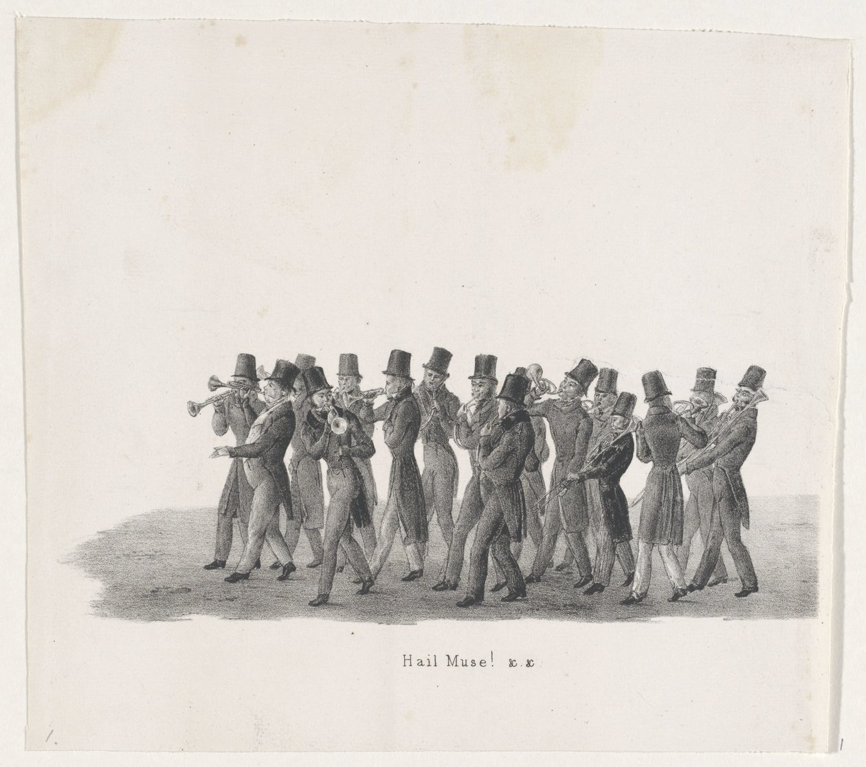 Leiden öğrencilerinin alayındaki müzisyenler, 1835 Merhaba Muse! (nesne üzerindeki başlık) H.H. tarafından düzenlenen yükselişlerin bireysel performansları. 9 Şubat 1835