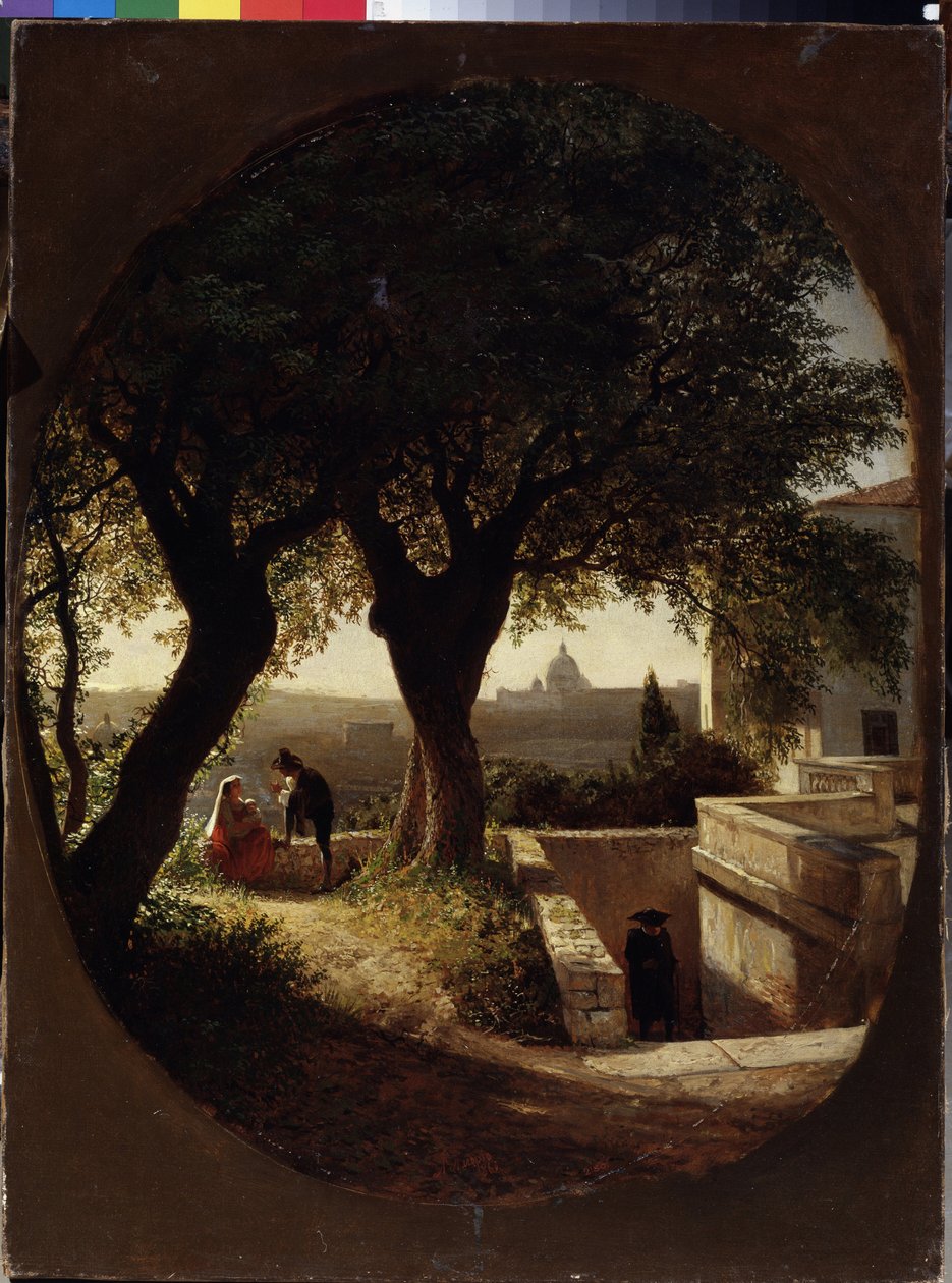 Roma yakınlarında (İtalya) (Roma yakınlarında). Ağaçların altında kucağında bir bebekle oturan bir kadın, şapkalı ve pelerinli bir adamı dinliyor. Başka bir adam onlara merdivenlerden yaklaşıyor. Lev Felixovich Lagorio