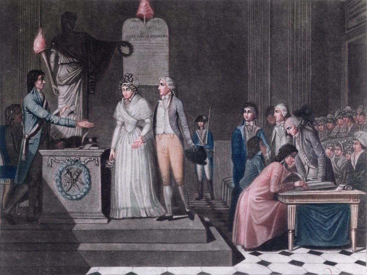 Mayor conducting a Republican Marriage during the period of the French Revolution, c.1795 (colour engraving) by Legrand