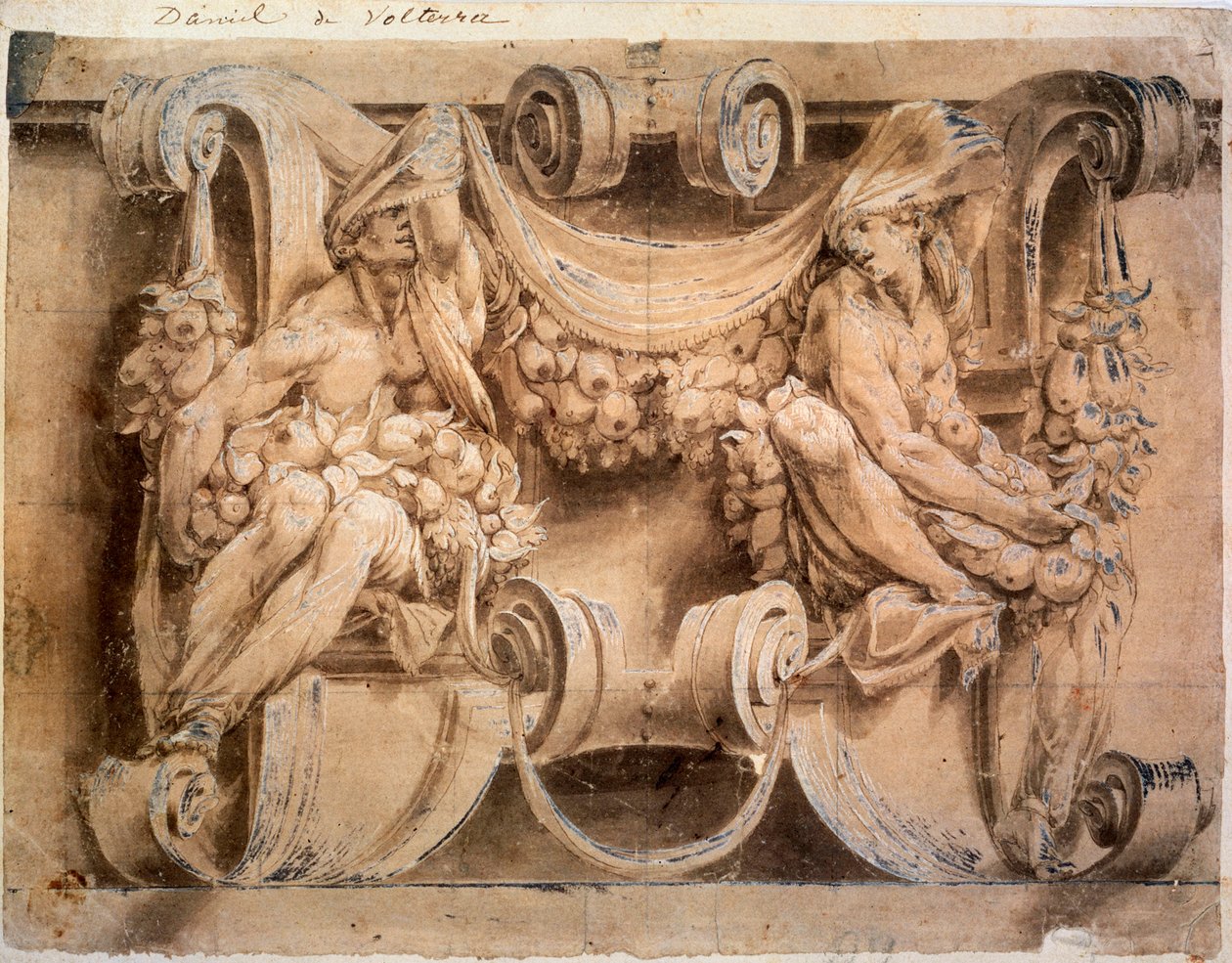 İki kariatidli bir friz için eskiz, 1546-1554. by Lelio Orsi da Novellara