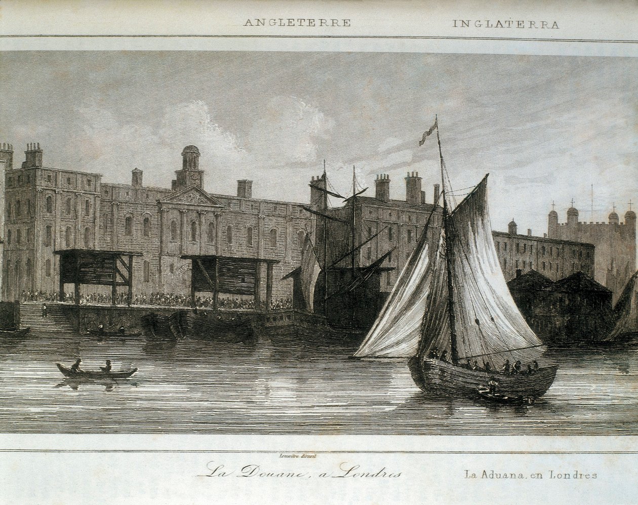 Londra Gümrük Thames Nehri üzerinde, İngiltere (gravür) by Lemaitre
