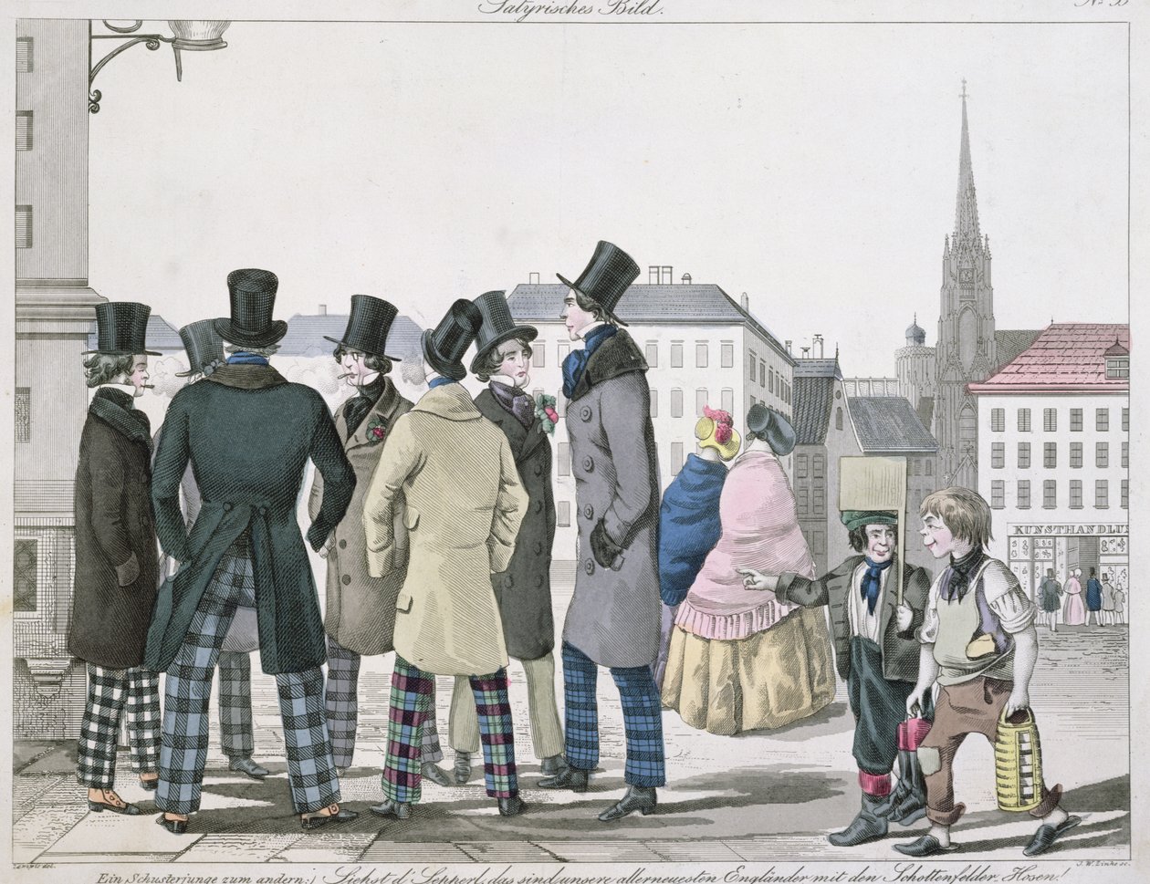 Viyana Sokaklarında İskoç Pantolonu Giyen Zarif Erkekler, JW Linke tarafından gravür, 1840 dolayları by Lempis