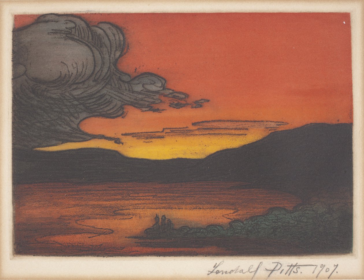 Gölde Gün Batımı (renkli dağlama ve aquatint) by Lendall Pitts