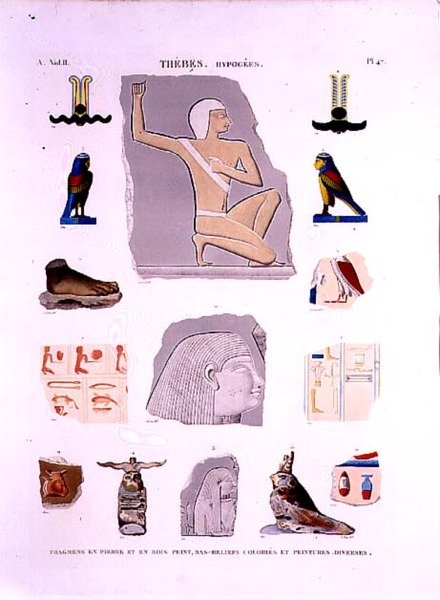 Taş ve ahşap parçalar üzerine boyanmış kabartmaların çizimleri Hypogees, Thebes plakası 47, 