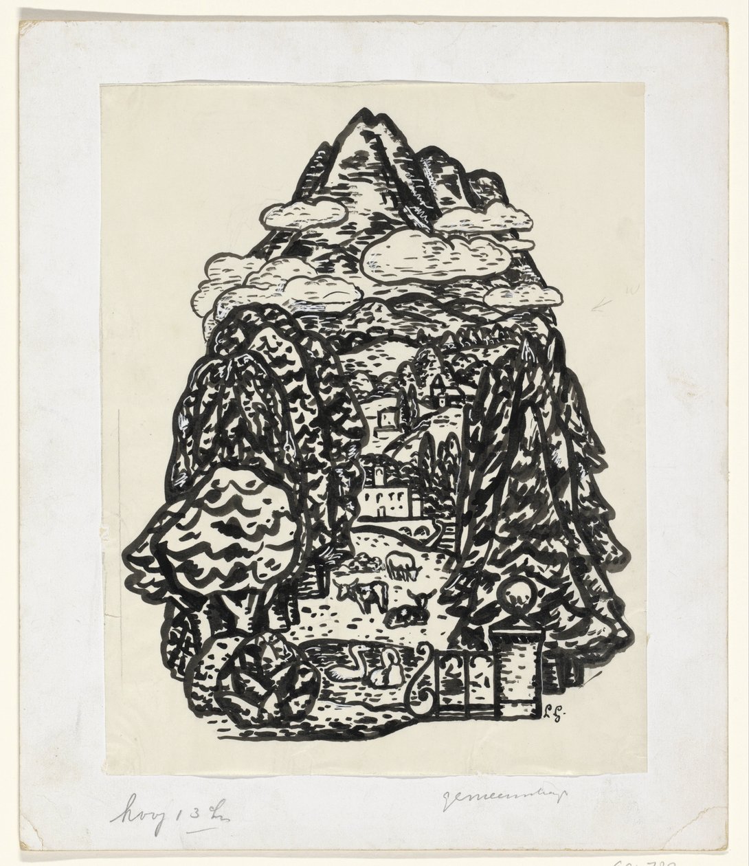 Ağaçlar ve sığırlarla dolu dağ manzarası by Leo Gestel (signed by artist)