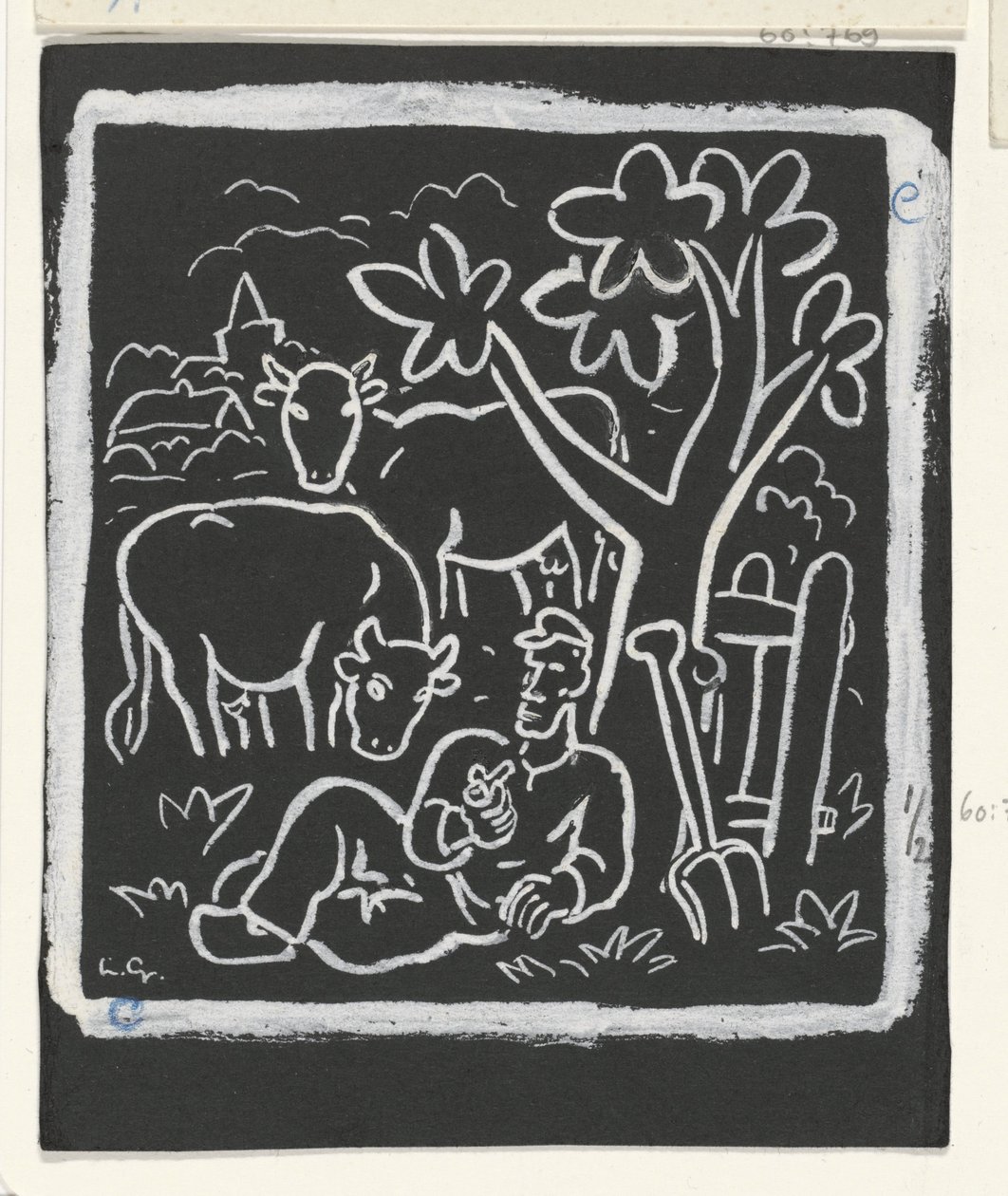 İneklerle bir çayırda bir ağacın altında oturan çiftçi by Leo Gestel (signed by artist)