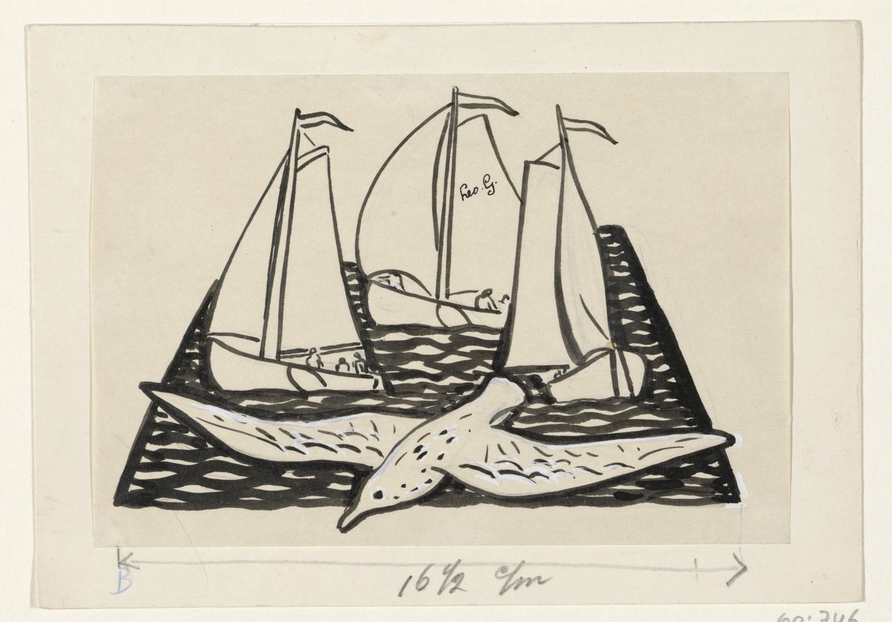 Üç yelkenli gemi ve bir martı by Leo Gestel (signed by artist)