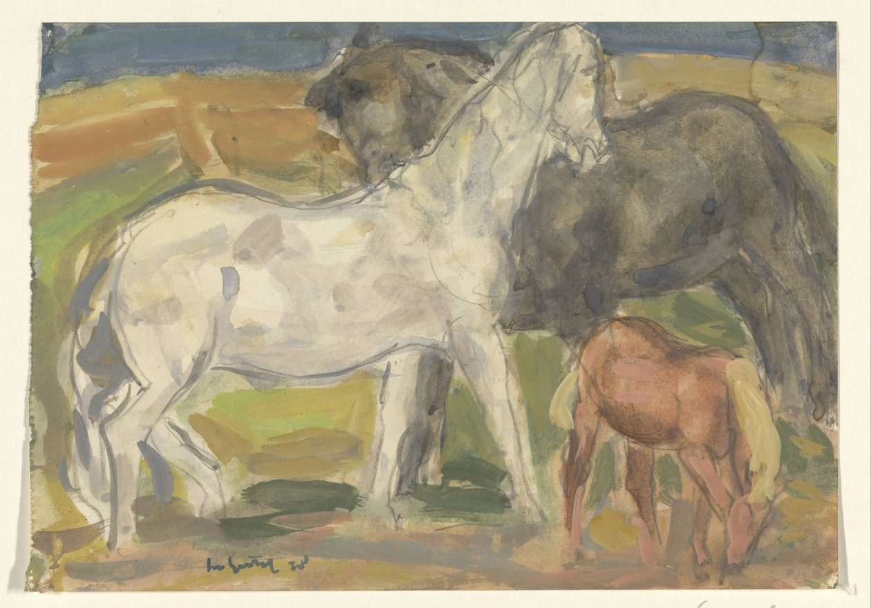 Bir manzarada iki at ve bir tay by Leo Gestel (signed by artist)